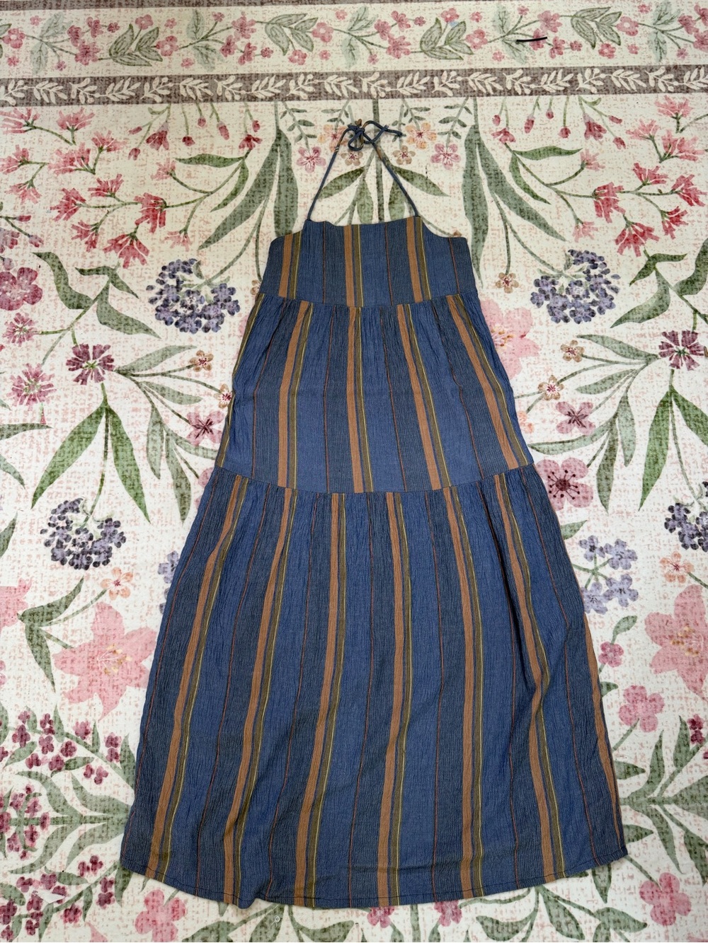 O'Neill Blue Striped Halter Dress with Brown and Mustard Accents